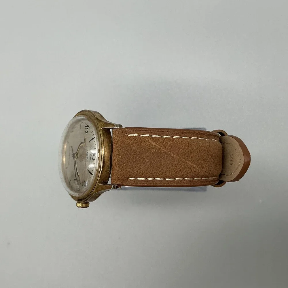 Vintage Timex Automatic Mens Watch 35mm Gold Tone Date Brown Leather Strap